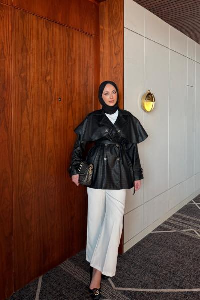 Saliha Deri Trençkot Siyah