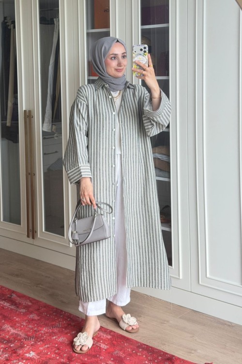 Çizgili Tunik Kap-Gri